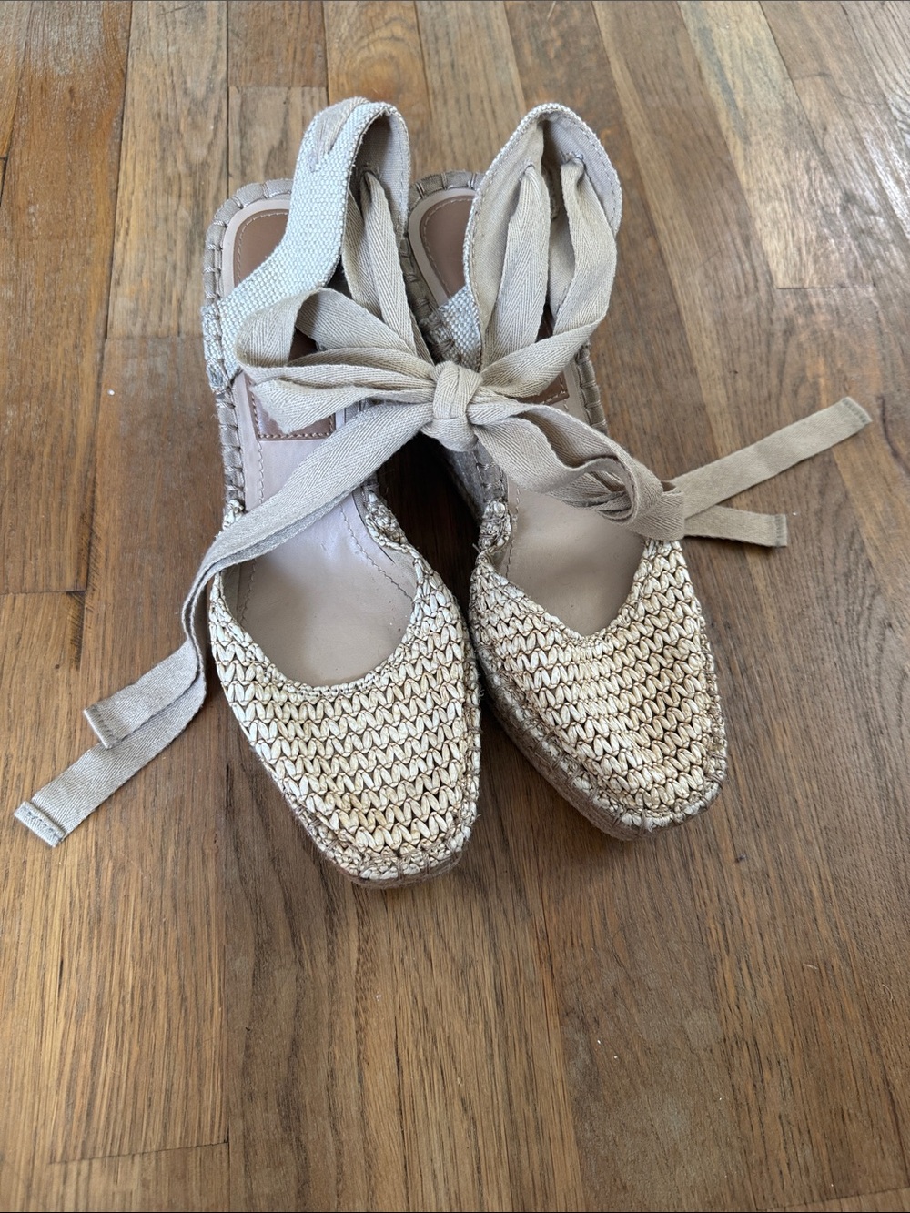 Zara Woven Espadrille Tie-Strap Flats in Beige
